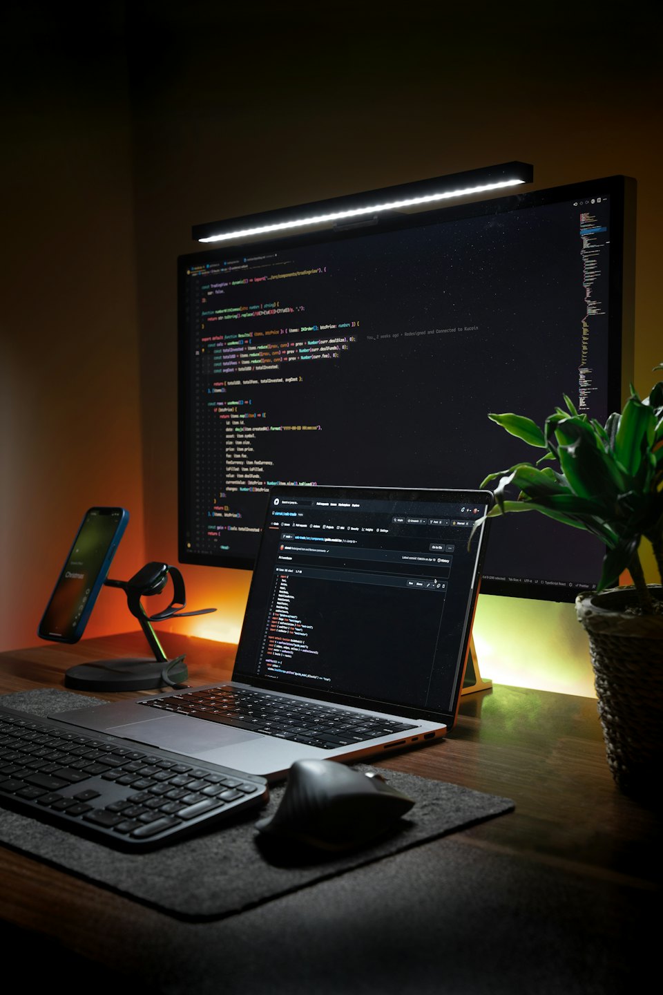 Scrivania di uno sviluppatore con laptop, monitor, telefono e pianta.